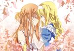  2girls alice_schuberg apron asuna_(sao) blonde_hair blue_dress blue_eyes braid brown_eyes brown_hair cherry_blossoms dress eye_contact french_braid hand_on_another&#039;s_cheek hand_on_another&#039;s_face long_hair looking_at_another multiple_girls simple_background smile sword_art_online walluku white_background yuri 