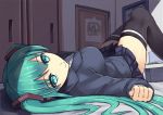  1girl alternate_costume aqua_eyes aqua_hair bedroom black_legwear blazer blue_jacket book breasts closed_mouth closet door eyebrows eyebrows_visible_through_hair from_above hair_ornament hatsune_miku highres indoors jacket large_breasts long_sleeves looking_at_viewer lying miniskirt on_back on_bed open_book pleated_skirt school_uniform shade skirt smile solo srwsrx_(gp03dsrx) thigh-highs twintails vocaloid wall 