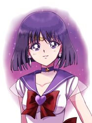  1girl bishoujo_senshi_sailor_moon bob_cut bow choker earrings heart inuko_(pixiv6096383) jewelry light_smile parted_lips purple_hair red_bow sailor_collar sailor_saturn short_hair solo star super_sailor_saturn tomoe_hotaru upper_body violet_eyes 