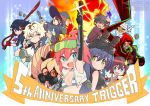  5boys 6+girls agata_katsuhira akko_kagari andou_jurai anniversary bikini_top company_connection frag fujikido_kenji gas_mask goggles hat inferno_cop inferno_cop_(character) inou-battle_wa_nichijou-kei_no_naka_de kill_la_kill kiznaiver little_witch_academia luluco machspeed_(character) mago matoi_ryuuko multiple_boys multiple_girls muzzle_(trigger) ninja ninja_slayer official_art scissor_blade sex_&amp;_violence_with_machspeed spring_(trigger) trigger-chan trigger_(company) twintails uchuu_patrol_luluco witch_hat 