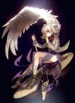  1girl black_boots boots feathered_wings high_heels highres holding holding_sword holding_weapon kishin_sagume looking_at_viewer no-kan open_clothes purple_skirt red_eyes shirt single_wing sitting skirt socks solo sword touhou weapon white_hair white_legwear white_wings wings 