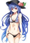  1girl bikini bikini_pull blue_hair breasts cleavage collarbone e.o. food fruit hat highres hinanawi_tenshi long_hair looking_at_viewer navel peach red_eyes solo strap_pull swimsuit touhou undressing very_long_hair 