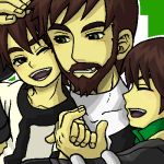  3boys beard ben_10 ben_10:_alien_force benjamin_kirby_tennyson brown_hair child facial_hair green_eyes kou_(kian) lowres male_focus multiple_boys multiple_persona older omnitrix one_eye_closed open_mouth short_hair smile time_paradox younger 