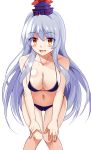  1girl bikini blue_hair breasts cleavage collarbone e.o. halter_top halterneck hat highres kamishirasawa_keine large_breasts leaning_forward long_hair looking_at_viewer navel orange_eyes simple_background solo swimsuit touhou very_long_hair white_background wide_hips 