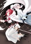  2girls alternate_color barefoot blue_eyes burnt_clothes commentary dress dual_wielding grey_eyes kuma_(bloodycolor) looking_at_viewer multiple_girls pink_hair reverse_grip ruby_rose rwby side_ponytail smile sword weapon weiss_schnee white_hair 