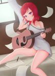 1girl acoustic_guitar arm_up bare_legs bare_shoulders bed bed_sheet blush collarbone curtains eliskalti grey_shirt guitar hand_in_hair highres holding indoors instrument love_live!_school_idol_project mouth_hold musical_note nishikino_maki no_pants off-shoulder_shirt on_bed open_window paper pencil plectrum redhead sheet_music shirt short_hair short_sleeves sitting solo tareme violet_eyes wind window 