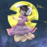  1girl animal_ears barefoot black_hair bunny_tail closed_eyes clouds dress feet full_moon inaba_tewi jumping monrooru moon open_mouth pink_dress puffy_short_sleeves puffy_sleeves rabbit_ears short_sleeves smile solo tail touhou 