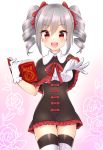  1girl :d blush book capelet drill_hair gloves idolmaster idolmaster_cinderella_girls kanzaki_ranko looking_at_viewer mio_(mgr300) open_mouth red_eyes ribbon short_hair silver_hair smile solo thigh-highs twin_drills twintails white_gloves zettai_ryouiki 