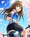  1girl artist_request bicycle bike_jersey bike_shorts brown_hair cherry_blossoms earrings fingerless_gloves gloves green_eyes idolmaster idolmaster_cinderella_girls jewelry long_hair looking_back necklace official_art outstretched_hand petals shibuya_rin smile solo 