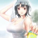  1girl arm_up bare_shoulders black_hair breasts can cleavage hitotose_(spiralray) kantai_collection large_breasts looking_at_viewer open_mouth red_eyes shirt short_hair solo sweat takao_(kantai_collection) towel wet wet_clothes wet_shirt wiping_sweat 