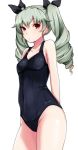  1girl anchovy blush drill_hair girls_und_panzer green_hair highres long_hair one-piece_swimsuit ribbon ryuu. simple_background solo swimsuit twin_drills twintails 