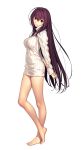  1girl arms_behind_back barefoot blush breasts covered_nipples fate/grand_order fate_(series) fingernails full_body hair_intakes highres koyama_hirokazu large_breasts long_hair looking_at_viewer naked_sweater purple_hair red_eyes ribbed_sweater scathach_(fate/grand_order) simple_background smile solo sweater toenails very_long_hair white_background 