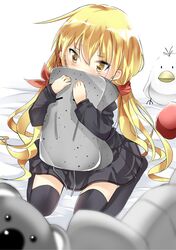  1girl black_legwear black_serafuku black_skirt blonde_hair blush goji_(8jikan_roudou) hair_between_eyes hair_ribbon highres kantai_collection koala long_hair long_sleeves looking_at_viewer low_twintails nurikabe pillow pillow_hug pleated_skirt ribbon satsuki_(kantai_collection) school_uniform serafuku sitting skirt solo stuffed_animal stuffed_toy thigh-highs twintails wariza yellow_eyes 