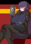  1girl alcohol ass beatrix_bremer beer beer_mug blush bodysuit breasts covered_navel covered_nipples german_flag grin long_hair looking_at_viewer mikoyan purple_hair red_eyes schwarzesmarken sitting smile solo teeth 