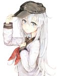  1girl anchor_symbol blue_eyes flat_cap from_side hand_on_headwear hand_on_own_chest hat hibiki_(kantai_collection) highres kantai_collection light_smile long_hair long_sleeves looking_at_viewer looking_to_the_side neckerchief school_uniform serafuku silver_hair simple_background solo somalisu upper_body white_background 