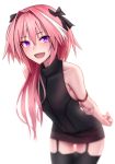 1boy :d arms_behind_back bare_shoulders black_legwear fang fate/apocrypha fate_(series) garter_straps gloves hair_ribbon looking_at_viewer multicolored_hair open_mouth otoko_no_ko pink_hair ribbon rider_of_black shijiu_(adamhutt) simple_background smile solo thigh-highs two-tone_hair violet_eyes white_background white_hair 