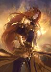  1girl armor artist_request bodysuit clouds cowter fire gauntlets league_of_legends leona_(league_of_legends) lips long_hair orange_hair pauldrons serious shield skin_tight skirt solo sword very_long_hair weapon 