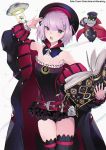  1girl :o beret black_legwear blush book breasts cape character_name copyright_name cowboy_shot creature fate/grand_order fate_(series) grimoire hat helena_blavatsky_(fate/grand_order) holding holding_book ketsuopolis looking_at_viewer open_book open_mouth pink_hair purple_hair salute short_hair simple_background solo_focus thigh-highs ufo violet_eyes white_background 