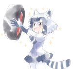  1girl :d animal_ears arms_up black_gloves black_hair black_ribbon black_skirt blue_shirt blush brown_eyes common_raccoon_(kemono_friends) cowboy_shot eyebrows_visible_through_hair fur_collar gloves grey_gloves grey_hair hair_between_eyes holding jitome kemono_friends looking_away looking_up multicolored_hair neck_ribbon no_nose open_mouth pleated_skirt puffy_short_sleeves puffy_sleeves raccoon_ears raccoon_tail ribbon shirt short_hair short_sleeves simple_background sketch skirt smile solo sparkle striped_tail tail tire white_background white_hair yukimipark 