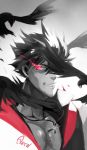  1boy bird black_hair character_name cross cross_necklace crow glowing glowing_eye grin kuma_(bloodycolor) looking_at_viewer qrow_branwen red_eyes rwby smile solo 