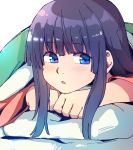  1girl alternate_hair_color anarogumaaa blue_eyes blush chestnut_mouth colored_eyelashes cover face hands hime_cut houraisan_kaguya long_hair long_sleeves looking_to_the_side lying on_stomach parted_lips pillow purple_hair shiny shiny_hair simple_background solo touhou white_background 