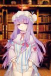  1girl blurry bookshelf capelet couch crescent dress dress_lift hair_ribbon hat heib highres indoors long_hair long_sleeves looking_at_viewer mob_cap patchouli_knowledge purple_hair ribbon solo striped striped_dress thigh-highs touhou tress_ribbon violet_eyes white_legwear wide_sleeves 