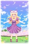  1girl acchii_(gb06109) bangs blue_sky blush bow brown_shoes bubble cherry_blossoms choker clouds dandelion day dress elbow_gloves flower forest frilled_dress frills gloves grass hair_bow happy hat hat_ribbon highres legs long_hair looking_at_viewer mob_cap mountain nature open_mouth outstretched_arms puffy_short_sleeves puffy_sleeves purple_dress ribbon ribbon_choker shoes short_dress short_sleeves sidelocks sky small_breasts smile socks solo tongue touhou tree violet_eyes white_gloves white_legwear yakumo_yukari younger 