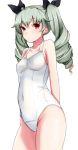  1girl anchovy blush drill_hair girls_und_panzer green_hair highres long_hair one-piece_swimsuit ribbon ryuu. simple_background solo swimsuit twin_drills twintails white_swimsuit 