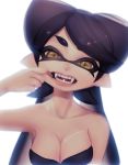  +_+ 1girl absurdres aori_(splatoon) armpits bangs bare_shoulders black_hair breasts cleavage collarbone domino_mask earrings eyelashes fangs finger_in_mouth head_tilt highres jewelry long_hair looking_at_viewer mask mole mole_under_eye mouth_pull open_mouth pink_lips pointy_ears puchiman sharp_teeth simple_background solo splatoon strapless swept_bangs teeth tentacle_hair twitter_username upper_body white_background yellow_eyes 
