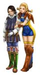  1boy 1girl blonde_hair blue_eyes boots braid breasts brown_eyes brown_hair closed_mouth fayse final_fantasy final_fantasy_xii full_body gloves highres long_hair long_sleeves open_mouth penelo simple_background standing twin_braids twintails white_background white_gloves 