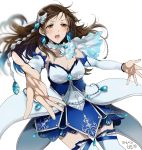 1girl braid breasts brown_eyes brown_hair cleavage detached_sleeves dress gen_(enji) idolmaster idolmaster_cinderella_girls idolmaster_cinderella_girls_starlight_stage long_hair nitta_minami open_mouth outstretched_arms simple_background solo thigh-highs twin_braids 