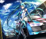  1girl absurdly_long_hair aqua_hair boots clouds covered_navel elbow_gloves full_body gloves goodsmile_company goodsmile_racing green_eyes hatsune_miku high_heels highres leotard long_hair looking_at_viewer necktie open_mouth racecar racequeen ryuuzouji_usagi sitting sky solo thigh-highs thigh_boots twintails umbrella very_long_hair vocaloid 