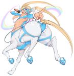  1girl animal_ears ass blonde_hair blue_eyes breasts capcom centaur full_body heart highres hooves horse_ears horse_tail index_finger_raised large_breasts microphone monster_girl open_mouth outstretched_arm rainbow rainbow_mika simple_background skindentation slugbox solo street_fighter tail twintails white_background 