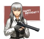  1girl blush borrowed_character brown_eyes commentary_request dated desert_eagle eyebrows eyebrows_visible_through_hair gun handgun happy_birthday necktie original partly_fingerless_gloves portrait riza-chan_(air_glen) silver_hair smile solo suspenders taikyokuturugi trigger_discipline weapon 