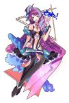  1girl bangs bare_shoulders black_legwear breasts cleavage eyebrows eyebrows_visible_through_hair long_hair looking_at_viewer macross macross_delta midriff mikumo_guynemer multicolored_hair navel open_mouth purple_hair red_eyes simple_background sitting solo suchununupu tagme very_long_hair white_background 