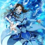  1girl blurry braid breasts brown_eyes brown_hair cleavage depth_of_field detached_sleeves dress gen_(enji) idolmaster idolmaster_cinderella_girls idolmaster_cinderella_girls_starlight_stage long_hair nitta_minami open_mouth outstretched_arms solo thigh-highs twin_braids underwater 