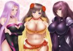  3girls blue_eyes breast_suppress breasts cleavage covered_navel fate/grand_order fate/stay_night fate_(series) glasses hair_ornament large_breasts long_hair masatoki mata_hari_(fate/grand_order) multiple_girls navel purple_hair rider scathach_(fate/grand_order) very_long_hair violet_eyes 