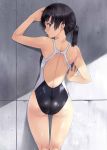  1girl :o against_wall arm_up armpits ass back_opening bare_shoulders black_eyes black_hair black_swimsuit blush clenched_teeth competition_swimsuit copyright_request cowboy_shot day from_behind highres kneepits looking_back nagayori one-piece_swimsuit original parted_lips ponytail shiny shiny_skin short_hair short_ponytail skin_tight solo stone_wall sunlight swimsuit teeth wall 