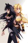  3girls arm_around_shoulder arm_around_waist artist_name belt between_breasts black_hair blake_belladonna blonde_hair bow breasts cleavage fingerless_gloves gloves grin hair_bow kuma_(bloodycolor) minigirl multiple_girls navel neo_(rwby) rwby smile umbrella violet_eyes yang_xiao_long yellow_eyes 