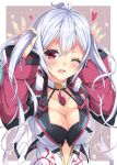  1girl ;d ahoge blush breasts cleavage collarbone heart highres holding holding_hair large_breasts long_hair long_sleeves looking_at_viewer matoi_(pso2) milkpanda one_eye_closed open_mouth phantasy_star phantasy_star_online_2 red_eyes silver_hair smile solo twintails upper_body 