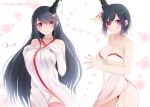  2girls asymmetrical_bangs bangs bare_shoulders black_hair blush breasts character_name cleavage closed_mouth collarbone contrapposto cowboy_shot criss-cross_halter dress elbow_gloves eyebrows eyebrows_visible_through_hair eyes_visible_through_hair fusou_(kantai_collection) garter_straps gloves hair_between_eyes hair_ornament hair_over_one_eye hairpin halter_top halterneck hands_on_own_chest headgear highres jewelry kantai_collection large_breasts lips long_hair looking_at_viewer multiple_girls necklace number own_hands_together panties pantyshot pantyshot_(standing) pearl_necklace pink_legwear red_eyes red_panties short_hair side_slit signature simple_background sleeveless sleeveless_dress smile standing strapless strapless_dress string_of_flags tareme tassel tbd11 text thigh-highs underwear very_long_hair white_background white_dress white_gloves white_legwear yamashiro_(kantai_collection) 