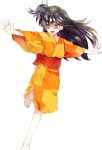  1girl :d ahma barefoot black_hair brown_eyes checkered_yukata hair_between_eyes highres inuyasha japanese_clothes kimono leg_lift long_hair open_mouth outstretched_arms red_ribbon ribbon rin_(inuyasha) short_sidetail smile solo spread_arms very_long_hair white_background wide_sleeves yukata 