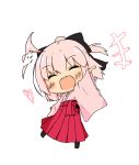  &gt;_&lt; 1girl :d ahoge ahoge_wag bluepalettes blush chibi closed_eyes commentary_request fate/grand_order fate_(series) hakama japanese_clothes kimono open_mouth pink_hair ponytail sakura_saber smile solo waving wide_sleeves xd 