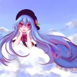  1girl blue_hair blue_sky blush clouds dress food fruit hat hinanawi_tenshi long_hair looking_at_viewer lying on_stomach open_mouth peach puffy_sleeves red_eyes short_sleeves sky smile solo tis_(shan0x0shan) touhou 