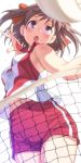  1girl bare_shoulders brown_eyes brown_hair buruma dutch_angle flying_sweatdrops girls_und_panzer gym_shorts hairband highres jumping kondou_taeko net open_mouth pairan red_shorts shirt short_hair short_shorts shorts simple_background sleeveless sleeveless_shirt solo sportswear sweat volleyball volleyball_net volleyball_uniform white_background 