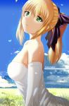  1girl artist_name bangs bare_shoulders blonde_hair blue_sky breasts butterfly character_name clouds copyright_name dress elbow_gloves fate/stay_night fate_(series) field gloves green_eyes head_tilt paperfinger ponytail saber sideboob sky solo strapless strapless_dress upper_body white_dress 
