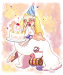  birthday blonde_hair blush cake food guuuunya__ highres long_hair makihatayama_hana ojamajo_doremi open_mouth pao-chan smile text 