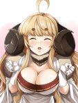  1girl ahoge anila_(granblue_fantasy) blonde_hair breasts cape cleavage closed_eyes gloves granblue_fantasy horns ky_kosuke large_breasts long_hair solo white_gloves 