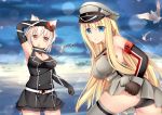  2girls :o albino animal armband arms_up ass bangs belt bird bismarck_(kantai_collection) bismarck_(zhan_jian_shao_nyu) black_dress black_gloves black_panties blonde_hair blue_eyes blue_sky breasts buckle chain chestnut_mouth cleavage clenched_hand clouds cowboy_shot crossover double-breasted dress eyebrows eyebrows_visible_through_hair frills gloves grey_legwear hair_between_eyes hat highres iron_cross jyt kantai_collection long_hair looking_at_viewer looking_back military military_hat military_uniform multiple_girls namesake ocean orange_eyes outdoors panties parted_lips peaked_cap pointy_hair seagull short_hair silver_hair sky sleeveless sleeveless_dress thigh-highs underwear uniform upskirt very_long_hair zhan_jian_shao_nyu 
