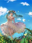  1girl butterfly clouds dress female grass green_eyes green_hair hair_between_eyes hatsune_miku head_wreath highres long_hair one_leg_raised outdoors parted_lips petals ribbon sky solo standing_on_one_leg twintails vocaloid yun_(ljw893053278) 